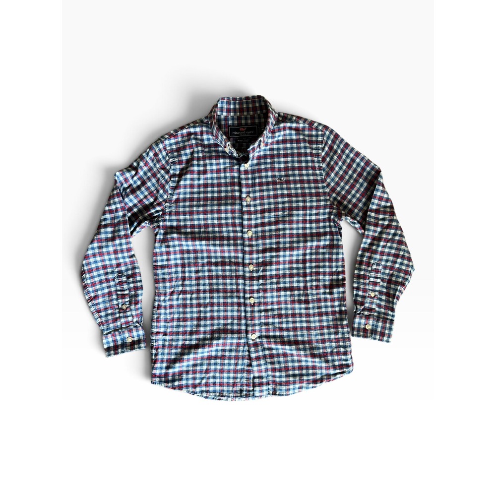 Vineyard Vines Boys M 12-14 Whale Shirt Plaid Button Down Red White Blue Flannel